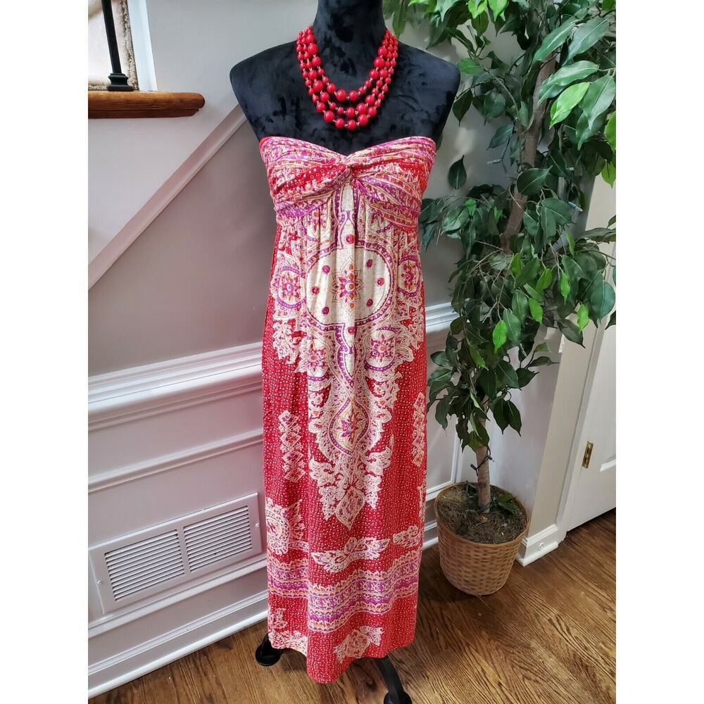 Angle Women's Red Floral 100% Rayon Off The Shoulder Long Maxi Dress Size M